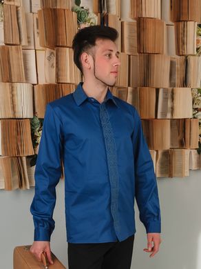 Чоловіча синя вишита сорочка з довгими рукавами (S-099-01), 40, стрейч-бавовна