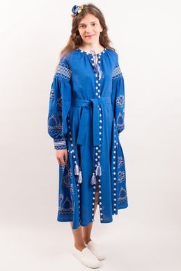 Синее платье "Роскошь-2" из натурального льна с контрастной вышивкой для девочек-подростков (PLp-120-150-L-blu), 152