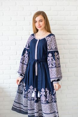 Красивое льняное синее платье (ЛА-45), 42