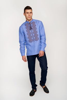 Чоловіча вишита сорочка блакитна з китицями UKR-1180, 56, льон