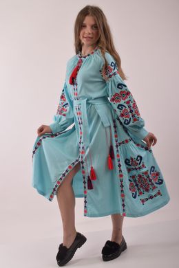 Вышитое платье светло-бирюзового цвета для девочки "Красота" (PLd-120-179-L), 152