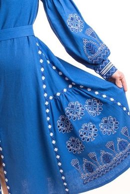 Синее платье "Роскошь-2" из натурального льна с контрастной вышивкой для девочек-подростков (PLp-120-150-L-blu), 152