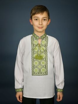 Елегантна вишиванка в національному стилі з орнаментом в зеленому кольорі для юнаків і хлопчиків (chsv-17-05-d), 26, льон
