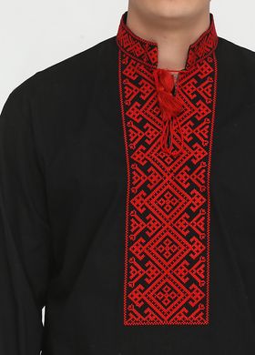 Яркая мужская вышиванка чёрного цвета с геометрическим красным орнаментом в винницком стиле (chsv-02-01), 40, лен