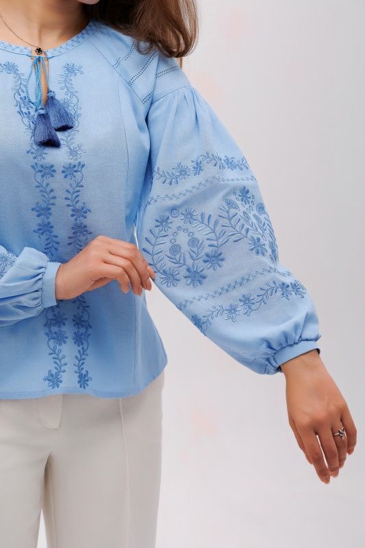 ЖІНОЧА ВИШИВАНКА "РОСАВА" БЛАКИТНОГО КОЛЬОРУ (SZH-043-blu), 42(XS), Льон+бавовна