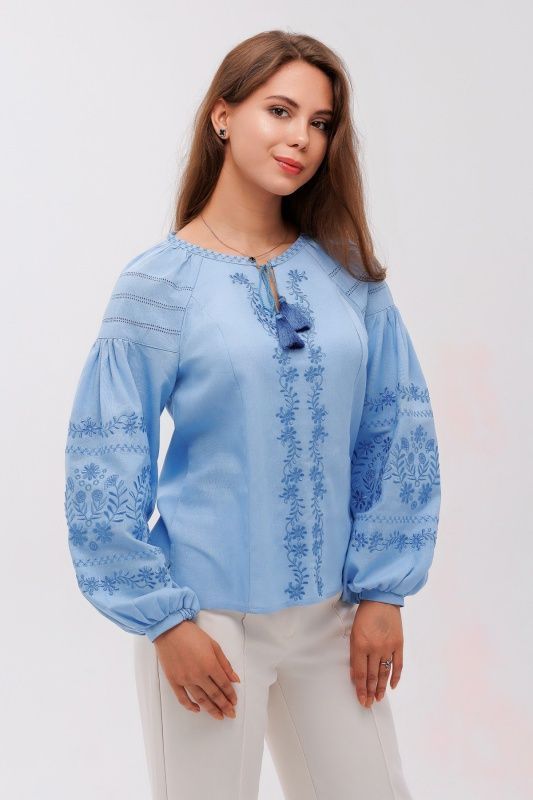 ЖІНОЧА ВИШИВАНКА "РОСАВА" БЛАКИТНОГО КОЛЬОРУ (SZH-043-blu), 42(XS), Льон+бавовна