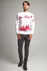 Рождественский мужской белый свитер с Дедом Морозом и оленями (UKRS-9942), S, шерсть, акрил