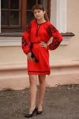 Вишита жіноча червона сукня (D-127-02), 40, льон