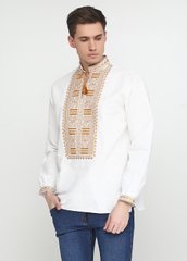 Комфортная, вышитая гладью, белая рубашка из льна со светло-коричневым узором для мужчин (chsv-13-07), 40, лен