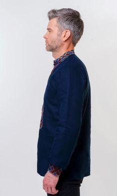 Чоловіча синя сорочка з червоною вишивкою (FM-0729), S, льон