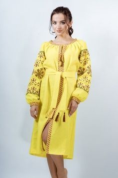 Яскрава вишита сукня з орнаментом "Оберіг" із жовтого льону для жінок (PL-046-164-L-ylw), 40