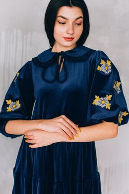 Вишита синя велюрова сукня для жінок (D-140-01), 40, велюр