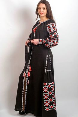 Чорне довге плаття "Грація" із льону з українською вишивкою для жінок (PL-031-152-L-blk), 42