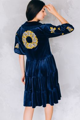 Вышитое синее велюровое платье для женщин (D-140-01), 40, велюр