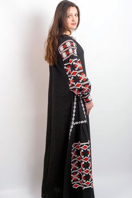 Чёрное длинное платье "Грация" из льна с украинской вышивкой для женщин (PL-031-152-L-blk), 42