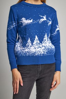 Рождественский женский синий свитер с Дедом Морозом и оленями (UKRS-8844), XS, шерсть, акрил