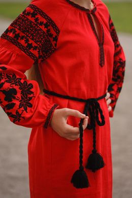 Вишита жіноча червона сукня (D-127-02), 40, льон
