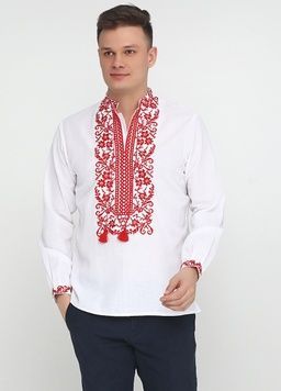 Двоколірна вишиванка з довгим рукавом з червоним рослинним орнаментом для чоловіків (chsv-48-01), 40, льон