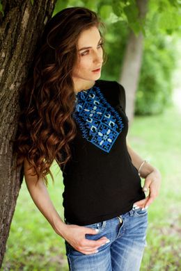 Женская вышитая футболка черная "Подолянка" (LS-91110396-44), M, вискоза