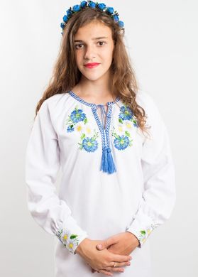 Костюм в сине-белом цвете "Васильковые мечты" из ткани Оникс с вышивкой для девочек-подростков (KSp-557-017-O), 140