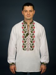 Колоритная, вышитая крестиком, белая рубашка с растительным орнаментом для мужчин (chsv-14-01), 40, лен