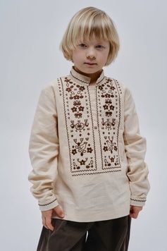 ВИШИВАНКА ДЛЯ ХЛОПЧИКА "ГУЛІ-ГУЛІ" БЕЖЕВОГО КОЛЬОРУ (VUT-0159), 110, льон