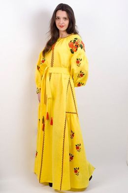 Жёлтое платье в пол "Украинская традиция" из льна с цветочной вышивкой для женщин (PL-031-030-L), 42