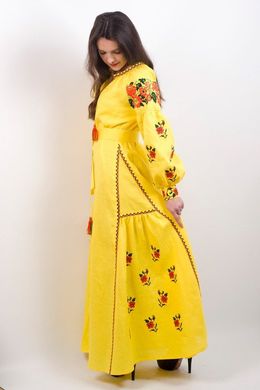 Жовта сукня у підлогу "Українська традиція" із льону з квітковою вишивкою для жінок (PL-031-030-L), 42