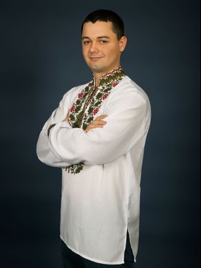 Колоритная, вышитая крестиком, белая рубашка с растительным орнаментом для мужчин (chsv-14-01), 40, лен