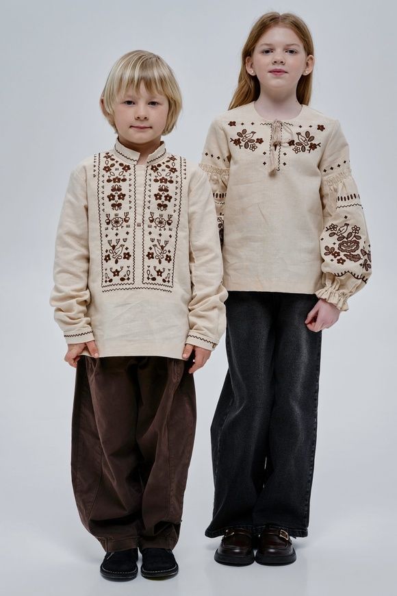 ВИШИВАНКА ДЛЯ ХЛОПЧИКА "ГУЛІ-ГУЛІ" БЕЖЕВОГО КОЛЬОРУ (VUT-0159), 110, льон