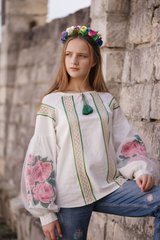 Женская вышитая блуза с длинными рукавами (B-049-01), 40, лен