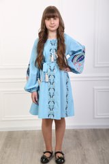 Вышитое платье голубое для девочек Птица (PLd-134-092-L), 116, лен