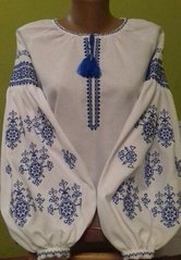 Полотняна біла вишиванка з орнаментом синього кольору "Рідна" для жінок (GNM-01870), 40, домоткане полотно біле
