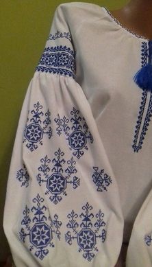 Полотняная белая вышиванка с орнаментом синего цвета "Родная" для женщин (GNM-01870), 40, домотканое полотно белое