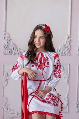 Вышитое белое яркое платье с красной вышивкой для девочки (OS-0055), 2 года, габардин