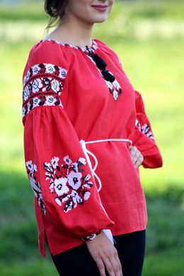 Сочная красная вышиванка с цветочным орнаментом "Бохо" (GNM-02126), 40, лен