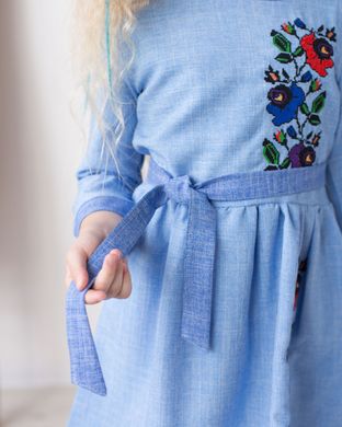 Платье для девочки голубое с вышитым орнаментом "Мальвочка" (mrg-ksd077-8888), 104, габардин