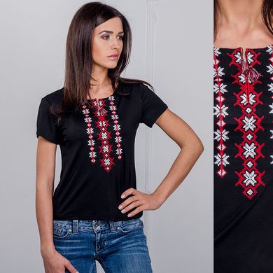 Вышитая красно-белым крестиком черная футболка для женщин "Снежинка" (10101011-058), 44
