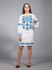 Полуприлегающее красивое платье из льна или полотна с яркой сине-голубой вышивкой для женщин (gpv-09-03), 40, лен, тиар
