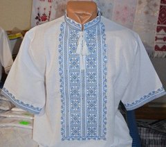Патриотичная рубашка "Американка" из льна или полотна с вышивкой гладью жёлто-голубого цвета для мужчин (GNM-01938), 40, домотканое полотно