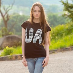 Цікава чорна жіноча футболка з принтом "UA" (10102011-564), 44