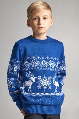 Вязаный синий с оленями свитер для мальчика (UKRS-6623), 122, шерсть, акрил