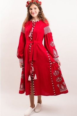 Яскрава сукня "Розкіш-2" із червоного льону з етно-вишивкою для дівчаток-підлітків (PLp-120-150-L-red), 152