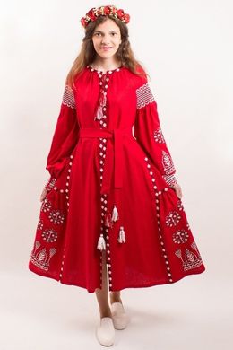 Яркое платье "Роскошь-2" из красного льна с этно-вышивкой для девочек-подростков (PLp-120-150-L-red), 152