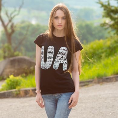 Интересная черная женская футболка с принтом "UA" (10102011-564), 44
