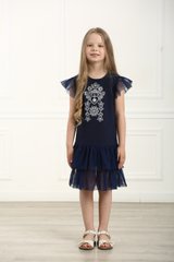 Вышитое трикотажное платье темно-синее для девочек Нежность (PLd-151-100-Tr), 110, трикотаж