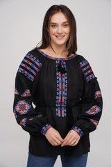 Жіноча вишивана блузка вишита на чорному домотканому полотні "Бохо" (GNM-02880), 40, домоткане полотно