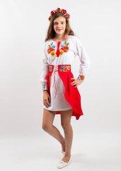 Колоритный красно-белый костюм "Украинский букет" из ткани Оникс с вышивкой для девочек-подростков (KSp-557-005-O), 140