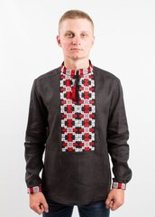 Чёрная рубашка с двухцветной вышивкой "Грация" из натурального льна для мужчин (SRs-401-152-L), 46