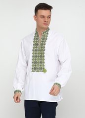 Этническая сорочка с геометрическим вышитым орнаментом в зелёных тонах для мужчин (chsv-19-04), 40, лен